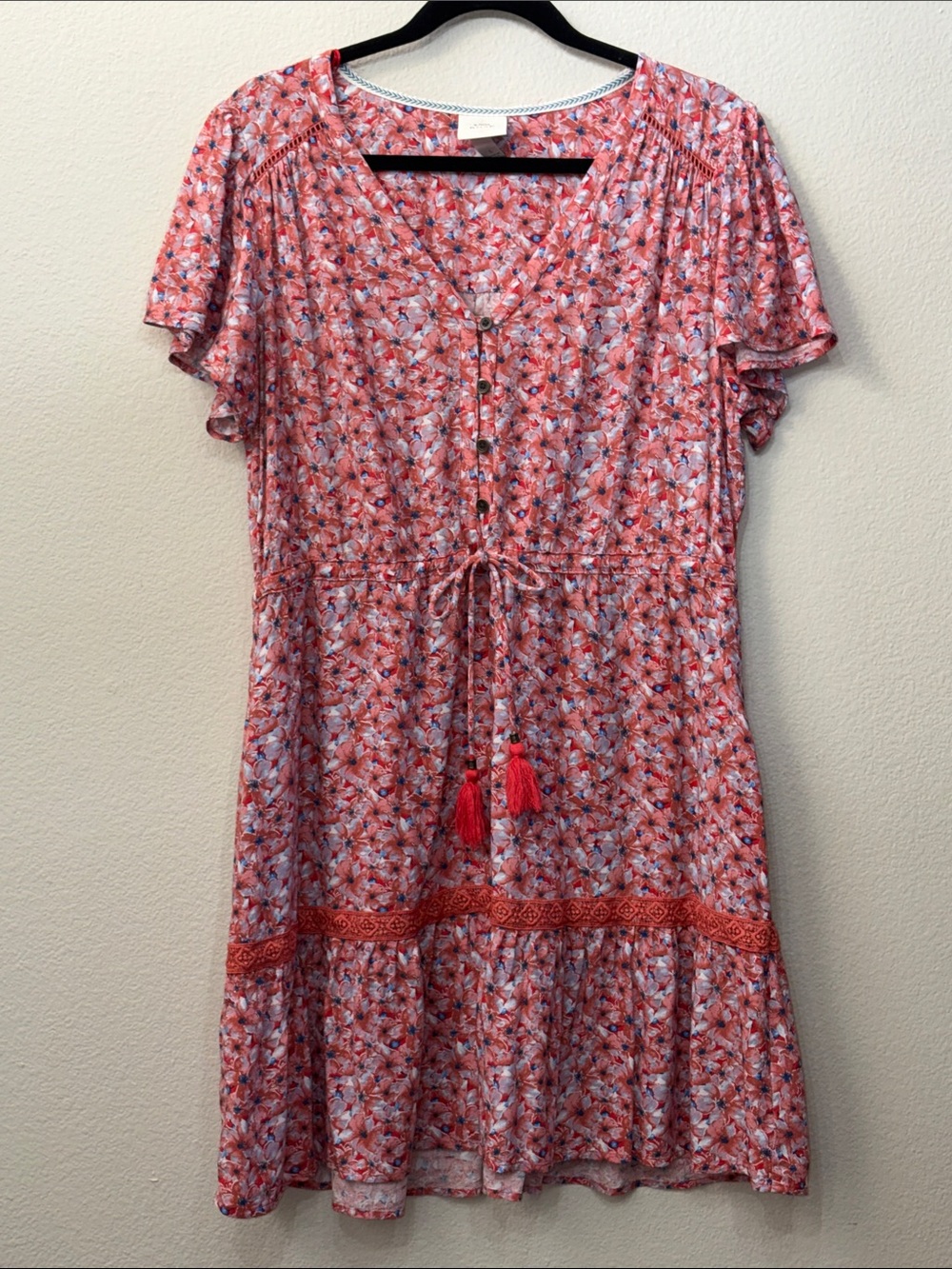 Knox Rose Coral Floral Tassel-Front Dress